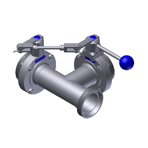 T-SV SV04 DA-GGG DN100 316L BL HB-ST VMQ KOMBI VENTIL IM DURCHGANG LINKS UND IM ABGANG, BETÄTIGUNG DER SCHALTKOMBINATION AM ABGANG(GESCHLOSSEN)
